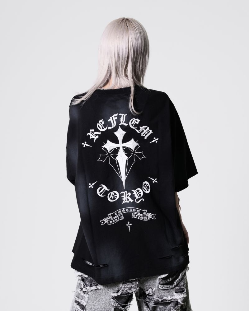 [REFLEM] Cross Embroidered Damaged Tee