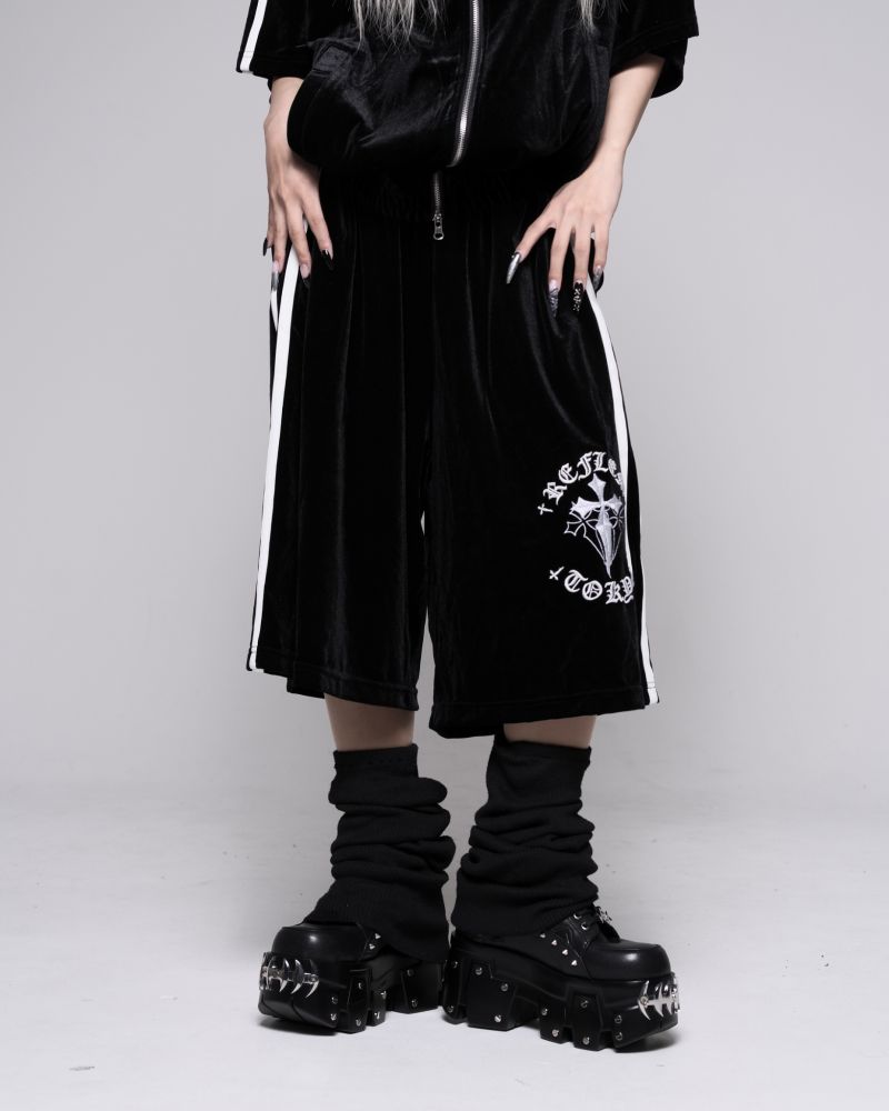 [REFLEM] Cross Embroidered Velour Shorts