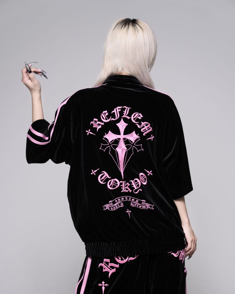[REFLEM] Cross Embroidered Velour Track Jersey Top