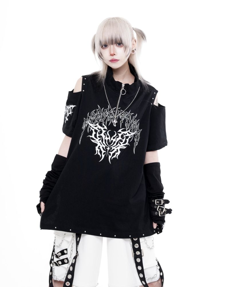 [TRAVAS TOKYO] Open Shoulder Zipper T-Shirt