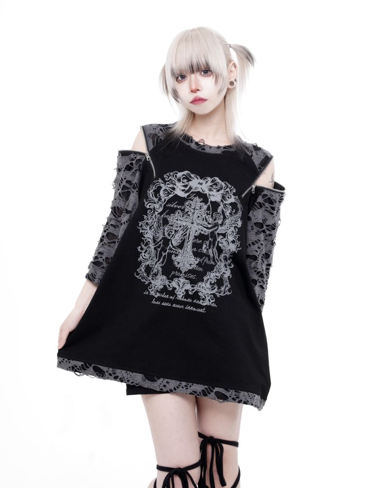 [TRAVAS TOKYO] Distressed Patchwork Raglan T-Shirt