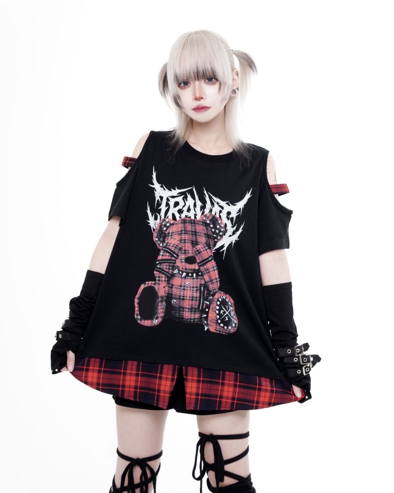 [TRAVAS TOKYO] Checked Layered Bear Print T-Shirt