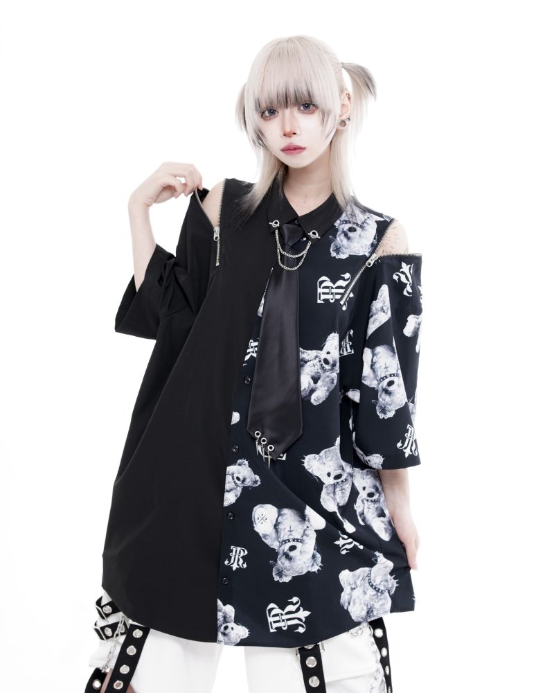 [TRAVAS TOKYO] Bi-Color Bear Printed Shirt with Necktie