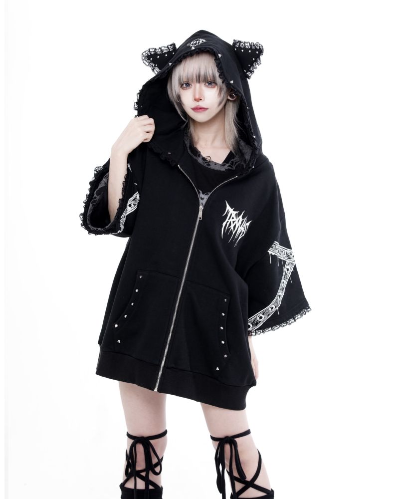[TRAVAS TOKYO] Lace-Trimmed Cat Ear Short Sleeve Zip-Up Hoodie