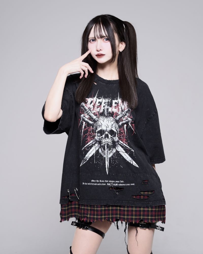 [REFLEM] Safety Pin Grunge Check Layered T-Shirt