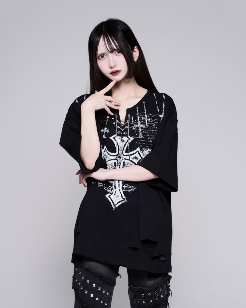 [REFLEM] Chain Lace-Up Grunge Henley T-Shirt