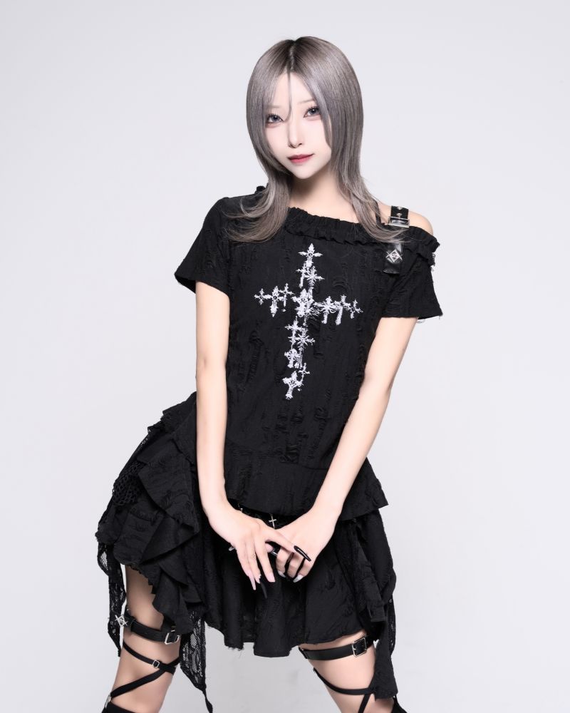 [REFLEM]Distressed Off-the-Shoulder Top