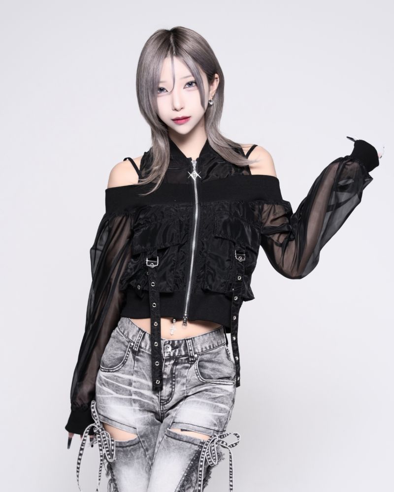 [REFLEM] Off-the-Shoulder Cropped Sheer Blouson