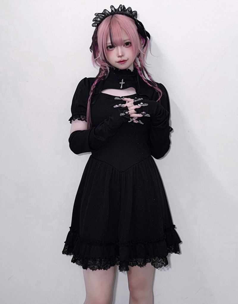 [ililil] Jirai Girly's Glitter Ribbed Dress with Arm Covers