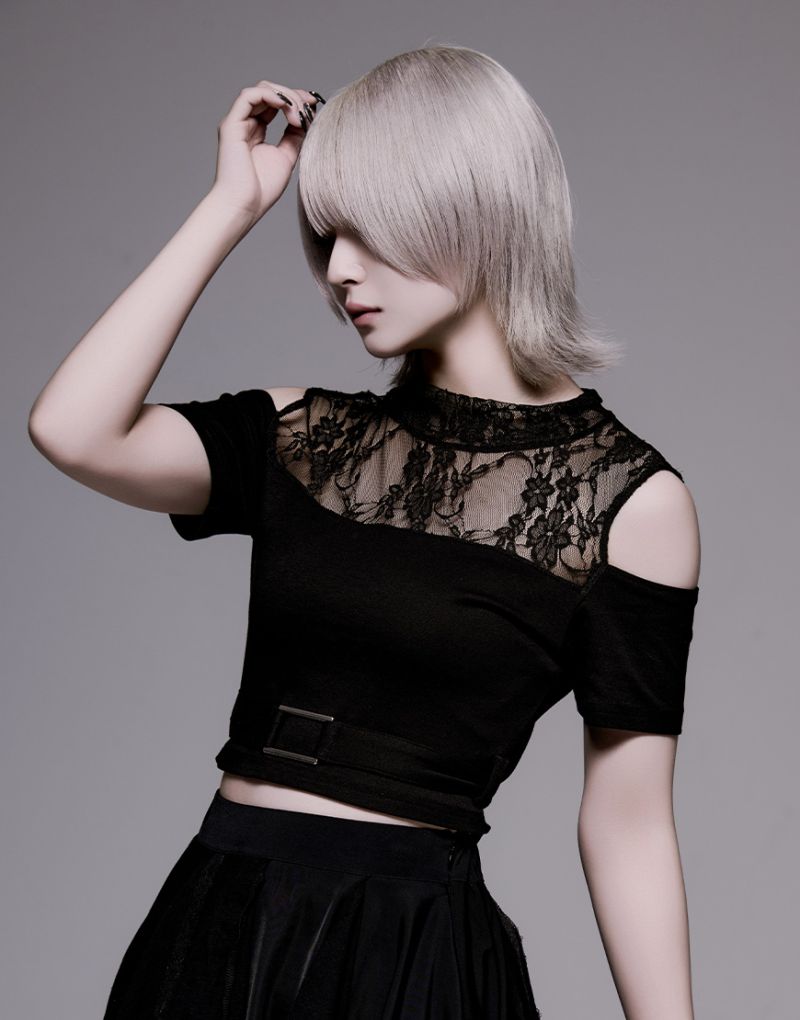 [AdaNous] Lace Panel High-Neck Top