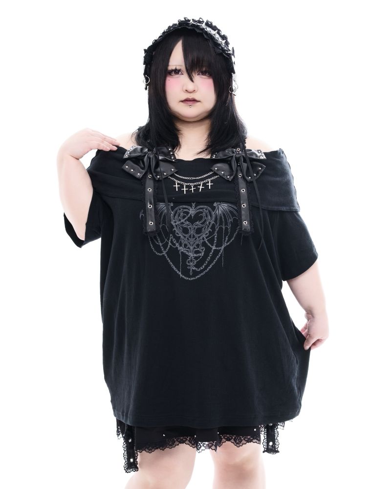 [TRAVAS TOKYO] Off-Shoulder Top with Ribbon Belt [PLUS SIZE]