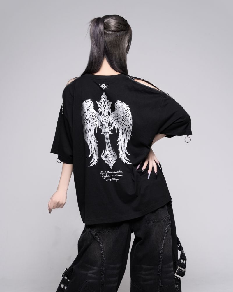 [REFLEM] Shoulder Zip Foil Print T-shirt