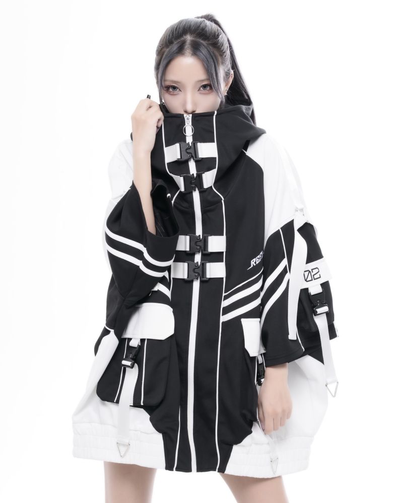 [REFLEM INDUSTRY] Short Sleeve Cyber Contrast High Neck Jersey Hoodie