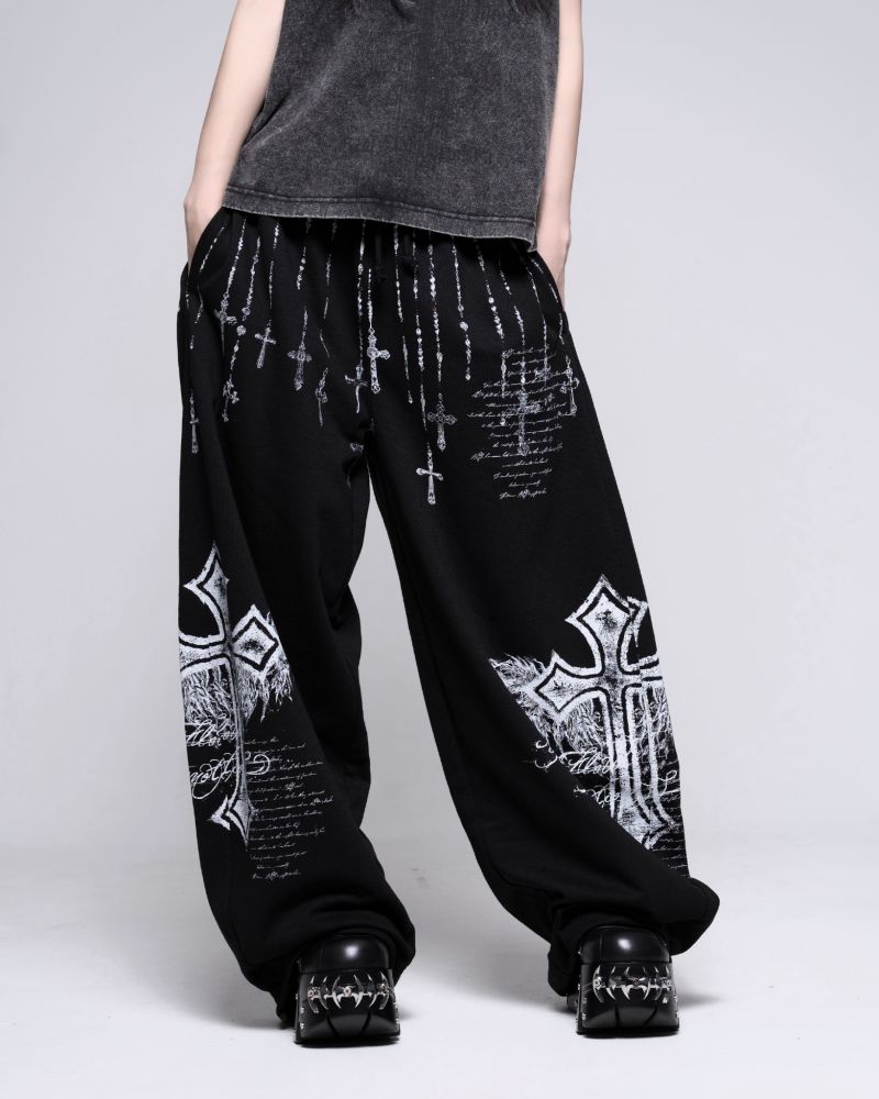 [REFLEM] Cross Print Barrel Leg Sweatpants