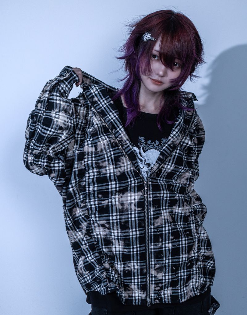 [Gamchu] "I stitched the shed skin of a monster into it" Plaid Zip Dolman Shirt
