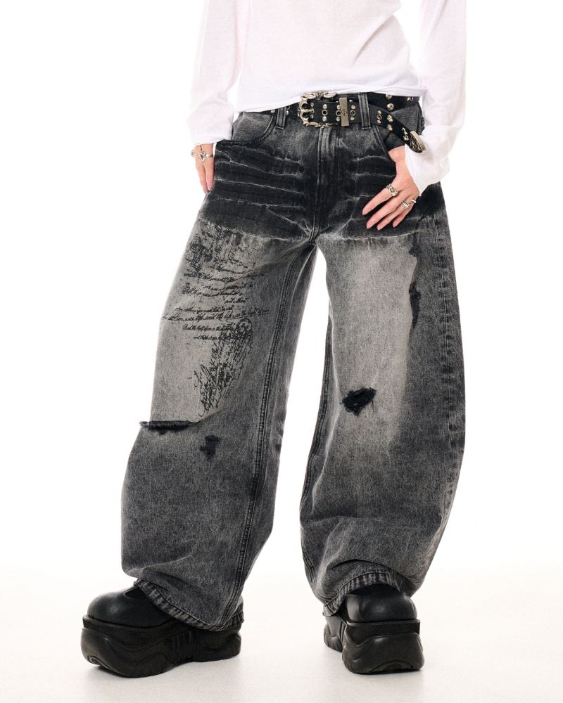 [FUGA] Printed Barrel-Leg Denim Pants