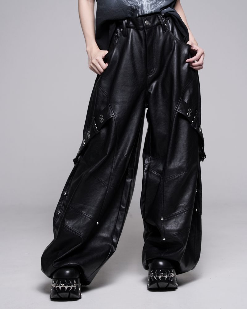 [REFLEM] PU Leather Barrel-Leg Pants