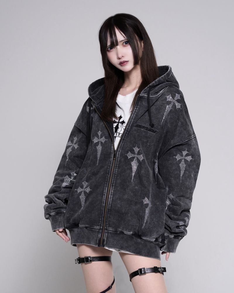 [REFLEM] Rhinestone Zip-Up Hoodie with All-Over Cross Pattern