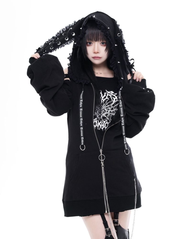 [TRAVAS TOKYO] Rabbit-Ear Cut-Out Shoulder Zip Hoodie