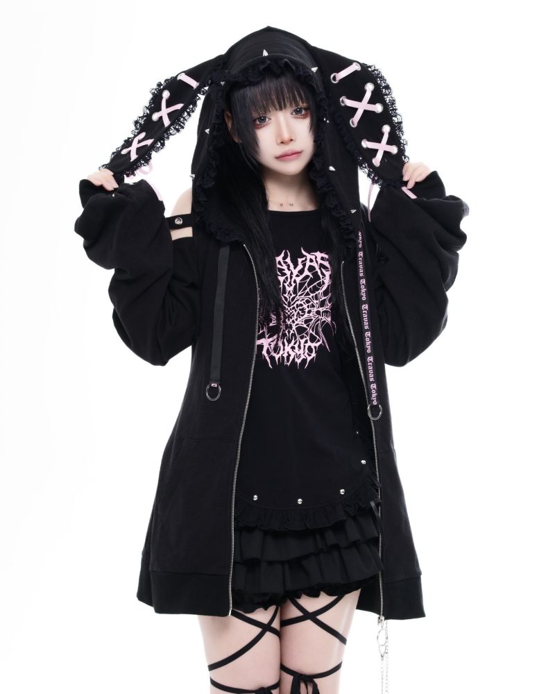 [TRAVAS TOKYO] Rabbit-Ear Cut-Out Shoulder Zip Hoodie