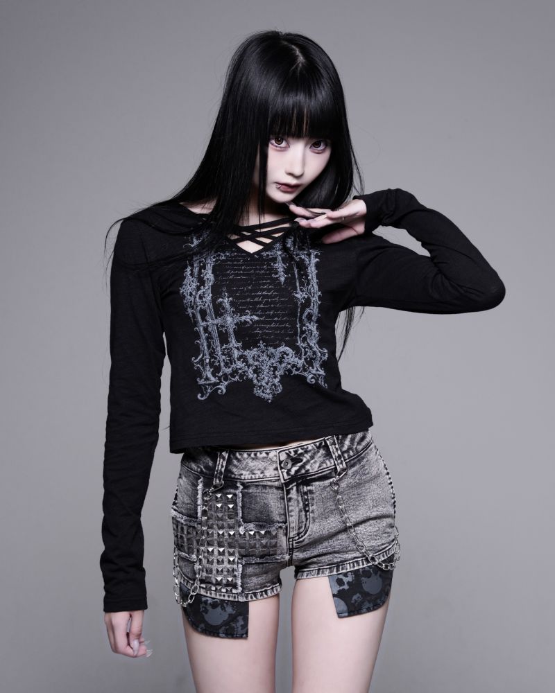 [REFLEM] Cross-Strap V-Neck Long-Sleeve T-Shirt