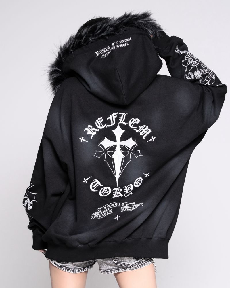 [REFLEM] Cross Embroidered Zip-Up Hoodie with Fur