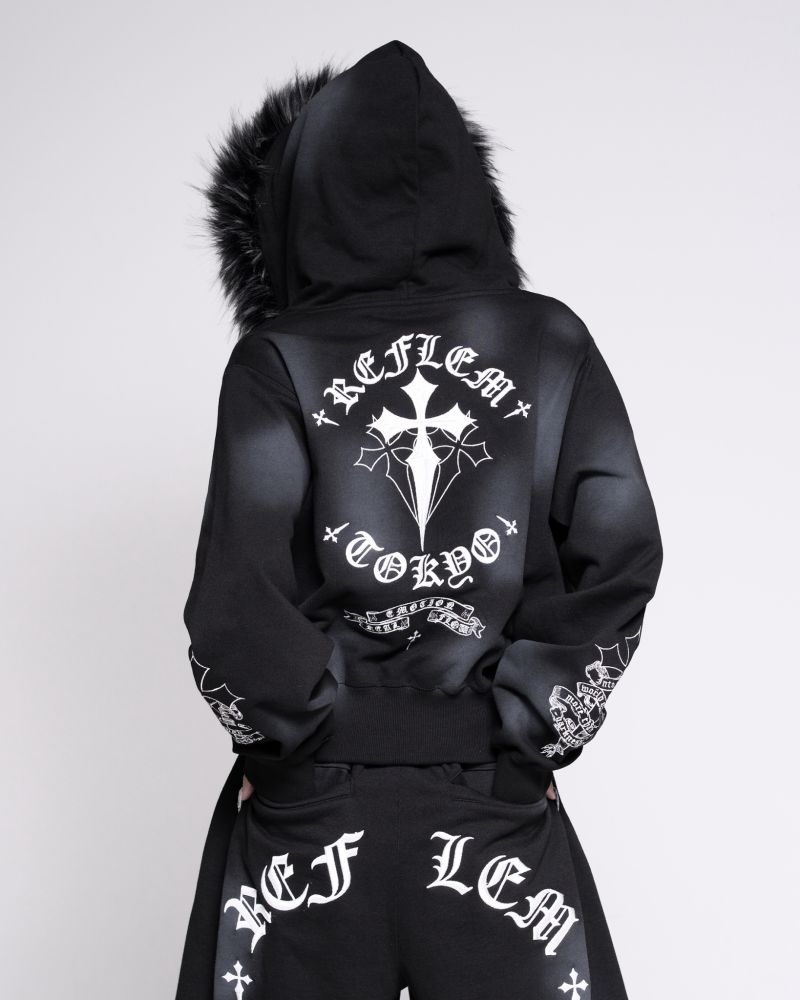 [REFLEM] Cropped Cross Embroidered Zip-Up Hoodie with Fur