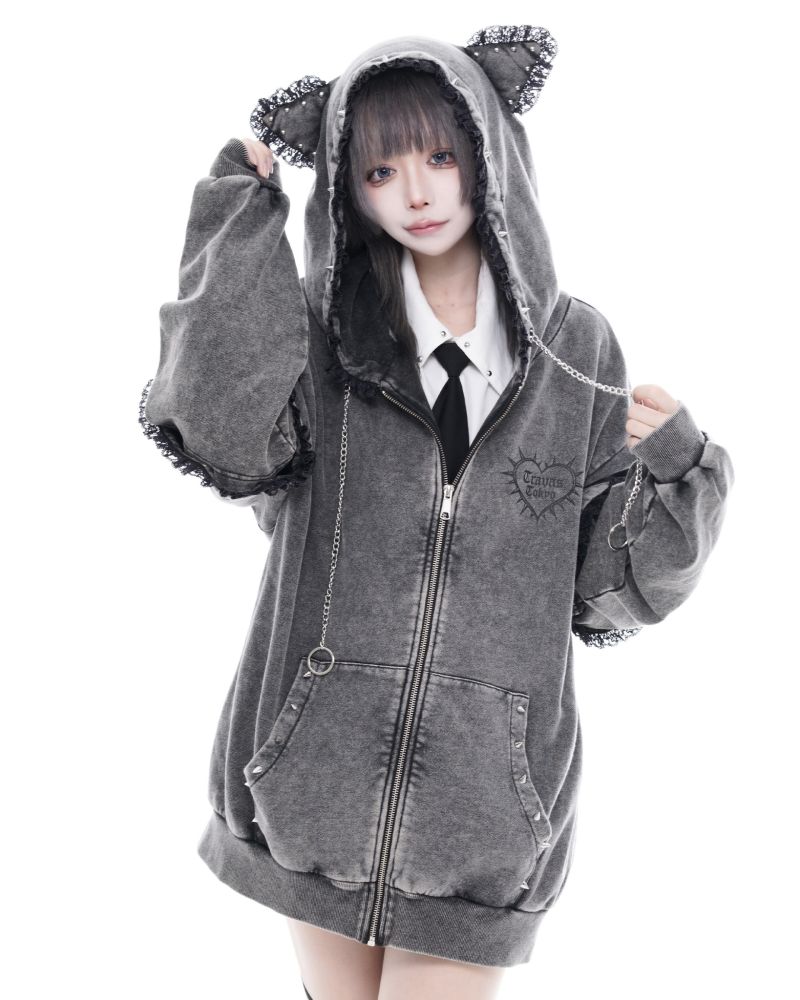 [TRAVAS TOKYO] Zip-Up Hoodie with Cat Ears and Lace