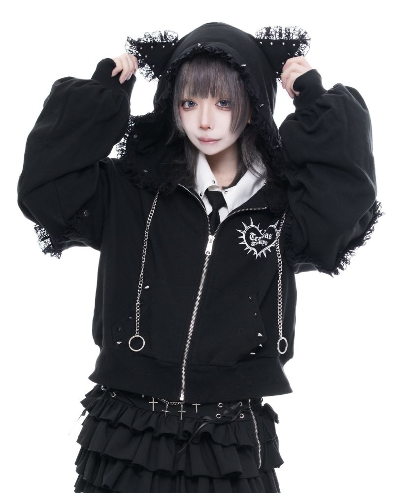 [TRAVAS TOKYO] Cropped Zip-Up Hoodie with Cat Ears and Lace