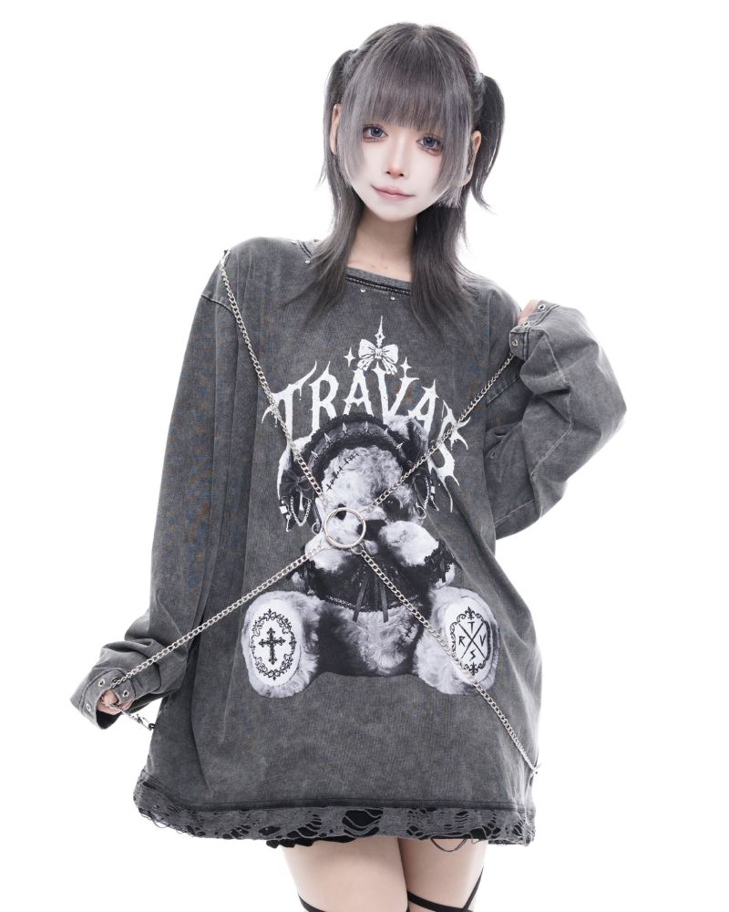 [TRAVAS TOKYO] Long-Sleeved Bear Print T-Shirt with Chain Harness