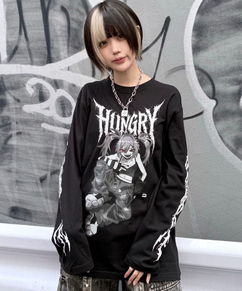 [NOVESSEL] "HUNGRY" Girl Print Long-Sleeve Tee