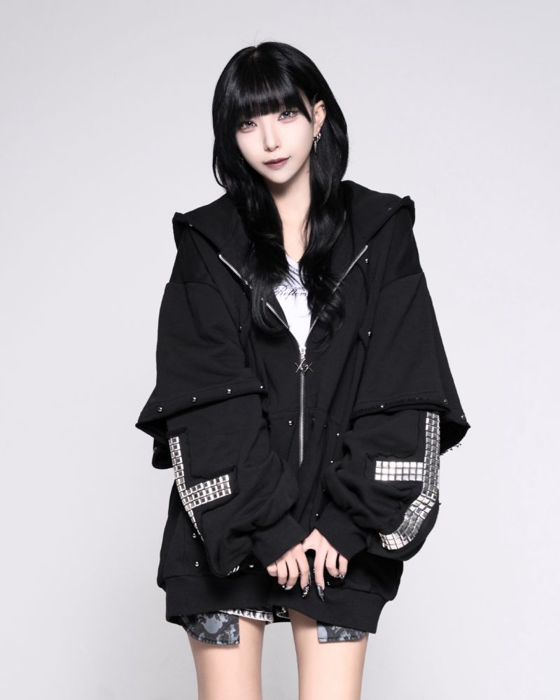 [REFLEM] Cross Studs Layered Hoodie