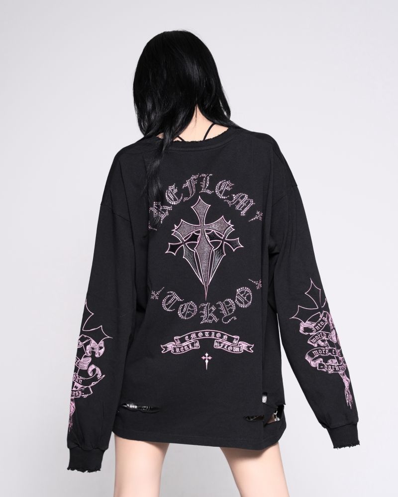 [REFLEM] Cross Rhinestones Long Sleeve Tee