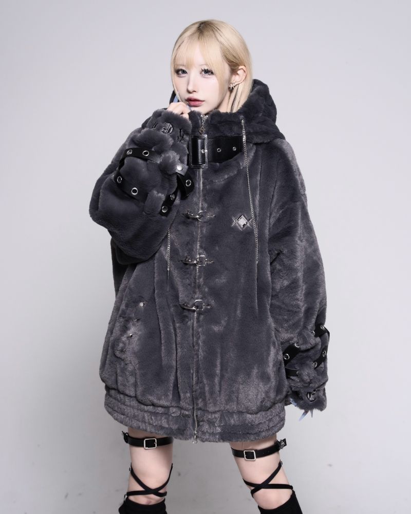 [REFLEM] High Neck Fur Hoodie with Belt
