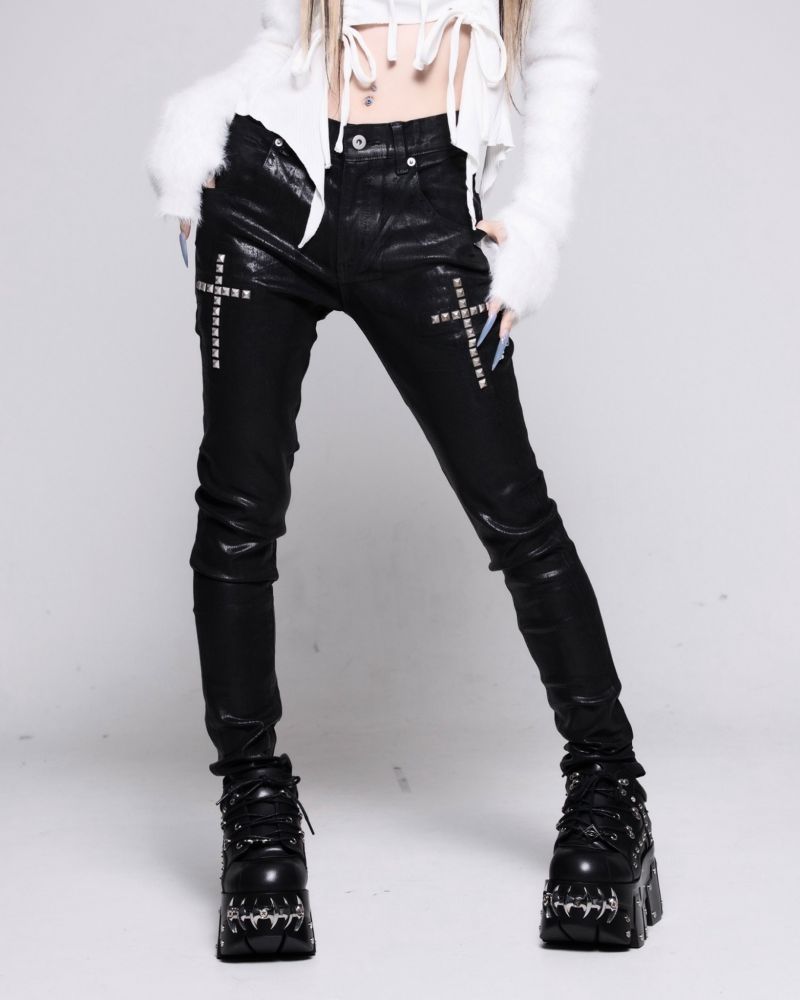 [REFLEM] Coated Skinny Denim Pants with Cross Studs