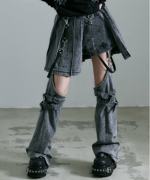 [REFLEM] Layered Denim Shorts with Leg Covers